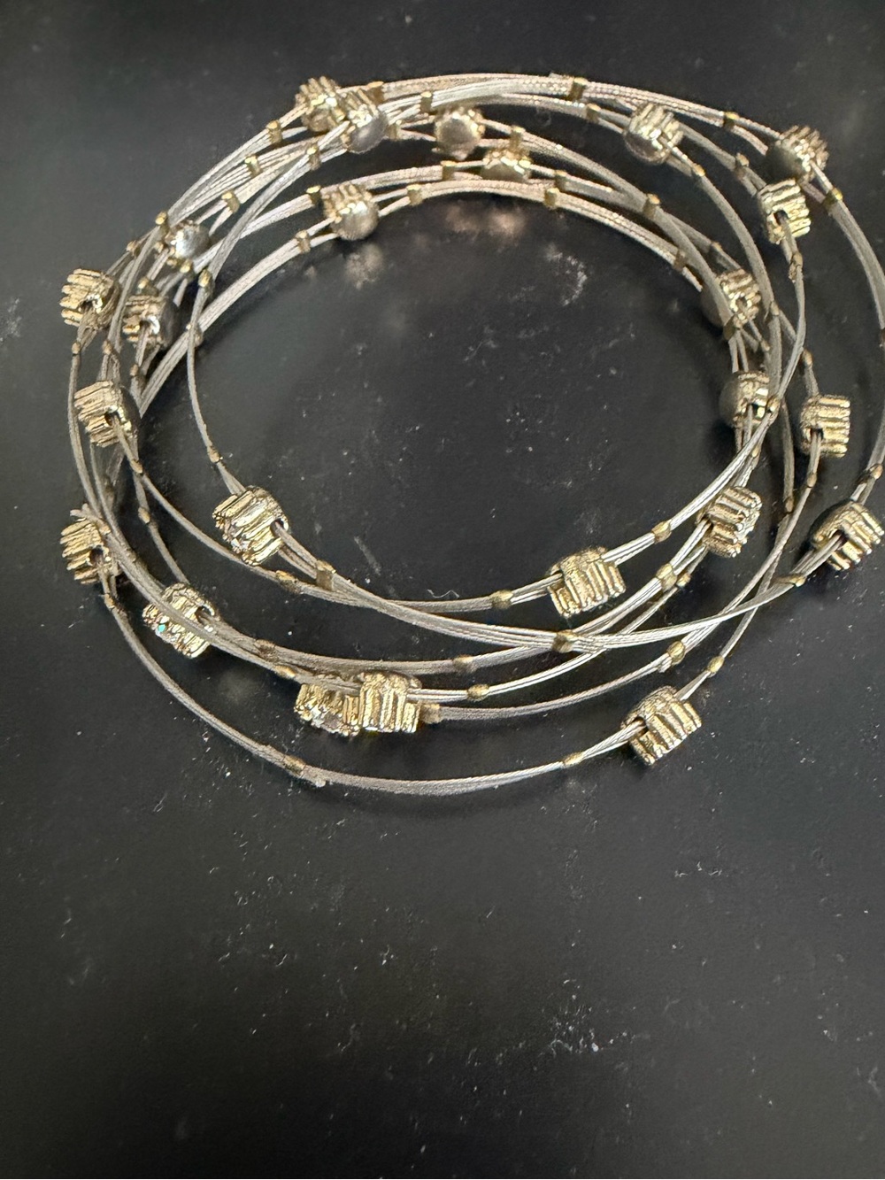 Gold and Silver Multi-Strand Beaded Wire Bracelet with crystals